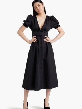 Hill House The Sabrina Midi Dress In Black Cotton Poplin